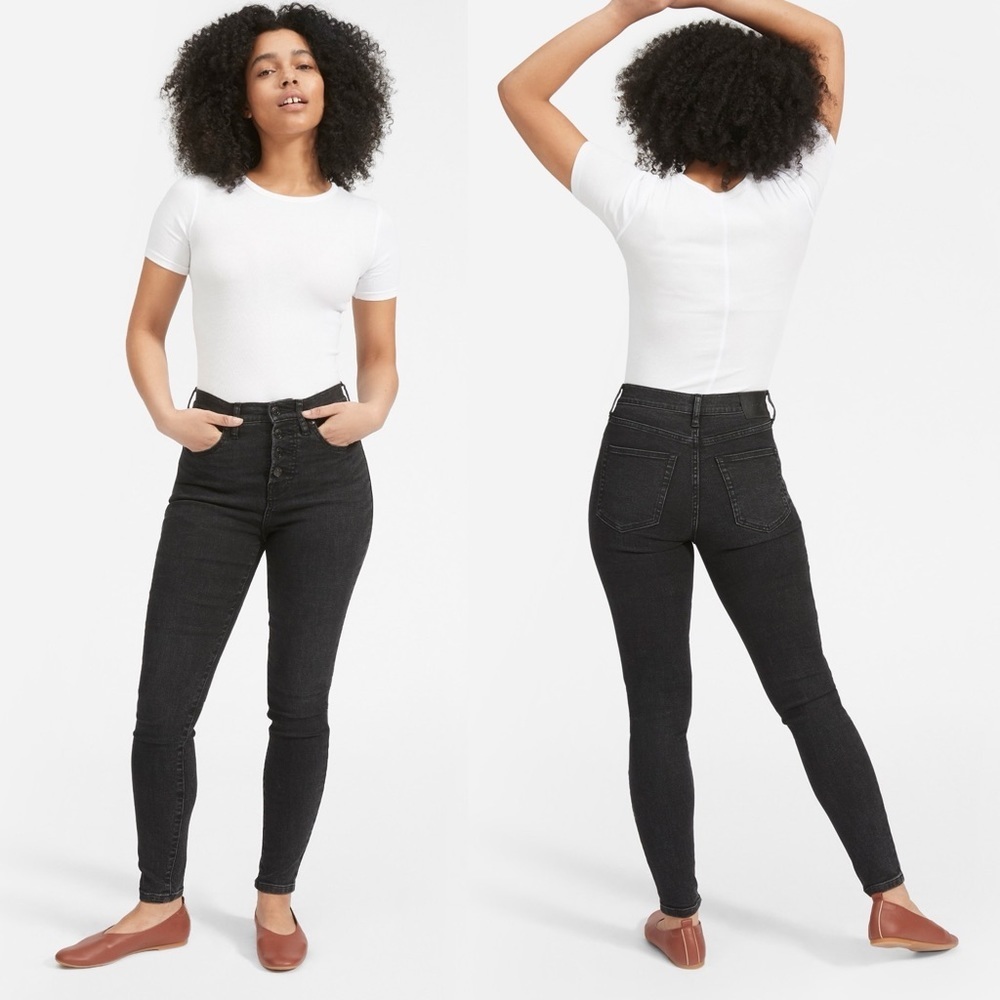 Everlane The High Rise Skinny Jeans Black Button Front Fly Size 25 Regular Denim